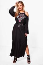 Boohoo Plus Louisa Embroidered Open Shoulder Maxi Dress Black
