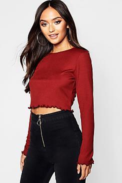 Boohoo Petite Long Sleeve Rib Lettuce Hem Top