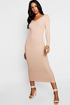 Boohoo Tall V Neck Rib Knit Midaxi Dress