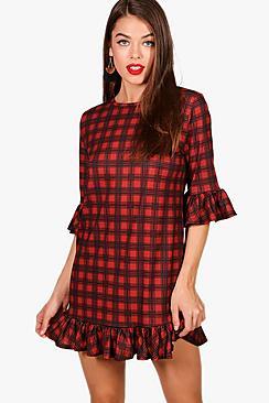 Boohoo Aura Red Check Curved Frill Hem Shift Dress