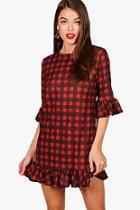 Boohoo Aura Red Check Curved Frill Hem Shift Dress
