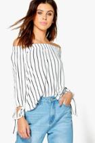 Boohoo Petite Cate Bardot Stripe Tie Sleeve Top Multi