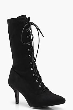 Boohoo Zoe Lace Up Pointed Kitten Heel Shoeboot