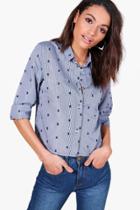 Boohoo Emily Embroidered Gingham Boxy Tailored Shirt Blue