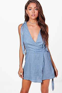Boohoo Lottie Tie Shoulder Denim Playsuit