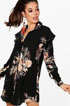 Boohoo Gabriella Dark Floral Ruffle Shirt Dress