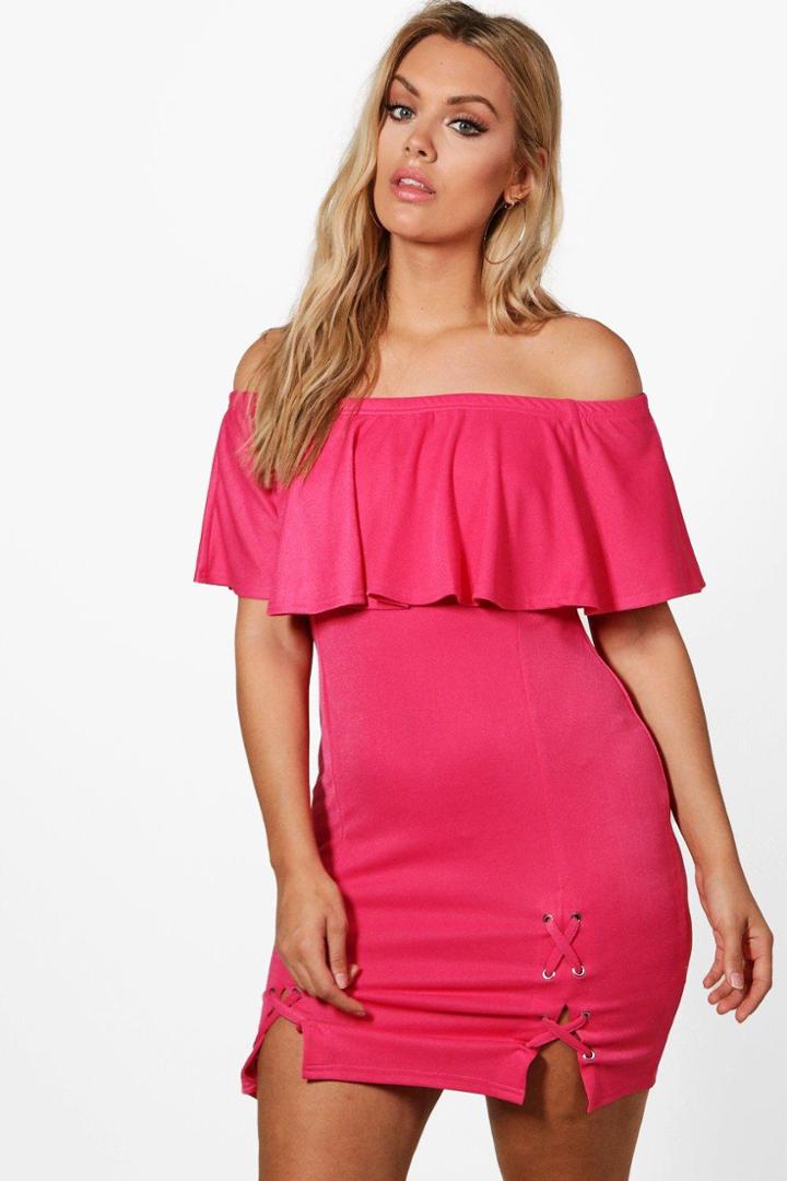 Boohoo Plus Linda Off The Shoulder Lace Up Bodycon Dress Cerise