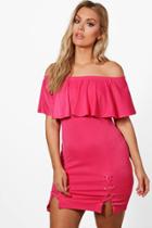 Boohoo Plus Linda Off The Shoulder Lace Up Bodycon Dress Cerise