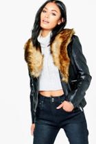 Boohoo Sophie Faux Leather Jacket With Faux Fur Collar Black