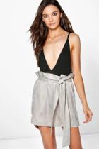 Boohoo Honor Tie Waist Satin Mini Skirt Grey