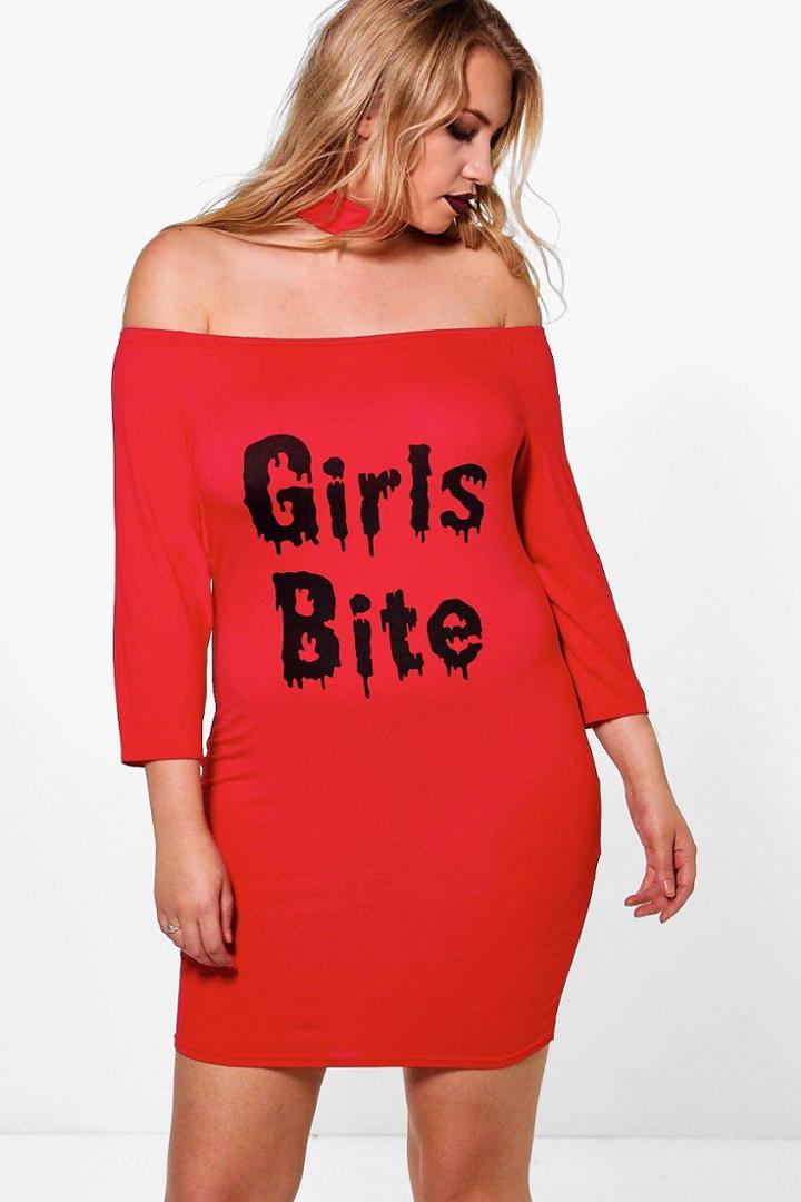 Boohoo Plus Georgie Bite Me Halloween Printed Choker Dress Red