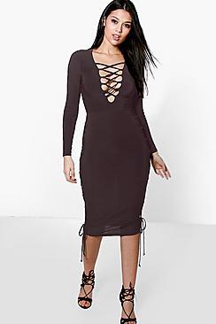 Boohoo Joy Lace Up Side Detail Plunge Neck Midi Dress