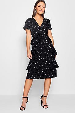 Boohoo Petite Ellie Star Printed Ruffle Hem Midi Dress