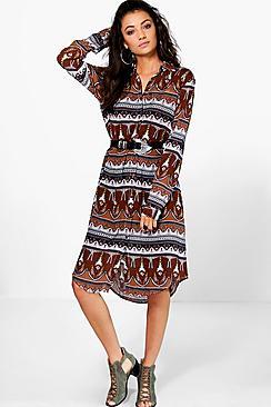 Boohoo Tall Nayla Border Print Woven Shirt Dress