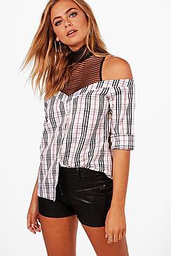 Boohoo Anna Mesh Insert Off The Shoulder Shirt