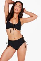Boohoo Barbados Lace Up High Waist Crop Bikini Black