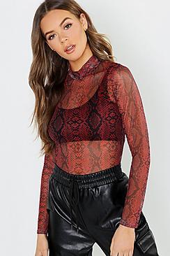 Boohoo Snake Print Mesh Turtle Neck Long Sleeve Top