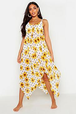 Boohoo Sunflower Spot Hanky Hem Beach Dress