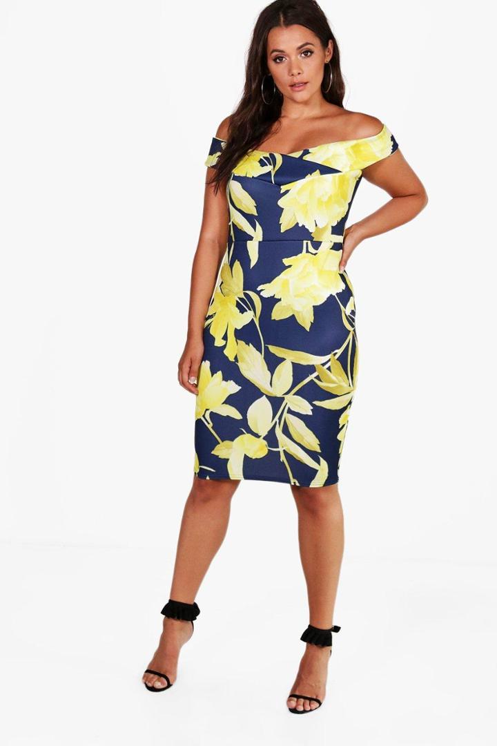 Boohoo Plus Lara Off The Shoulder Floral Midi Dress Multi