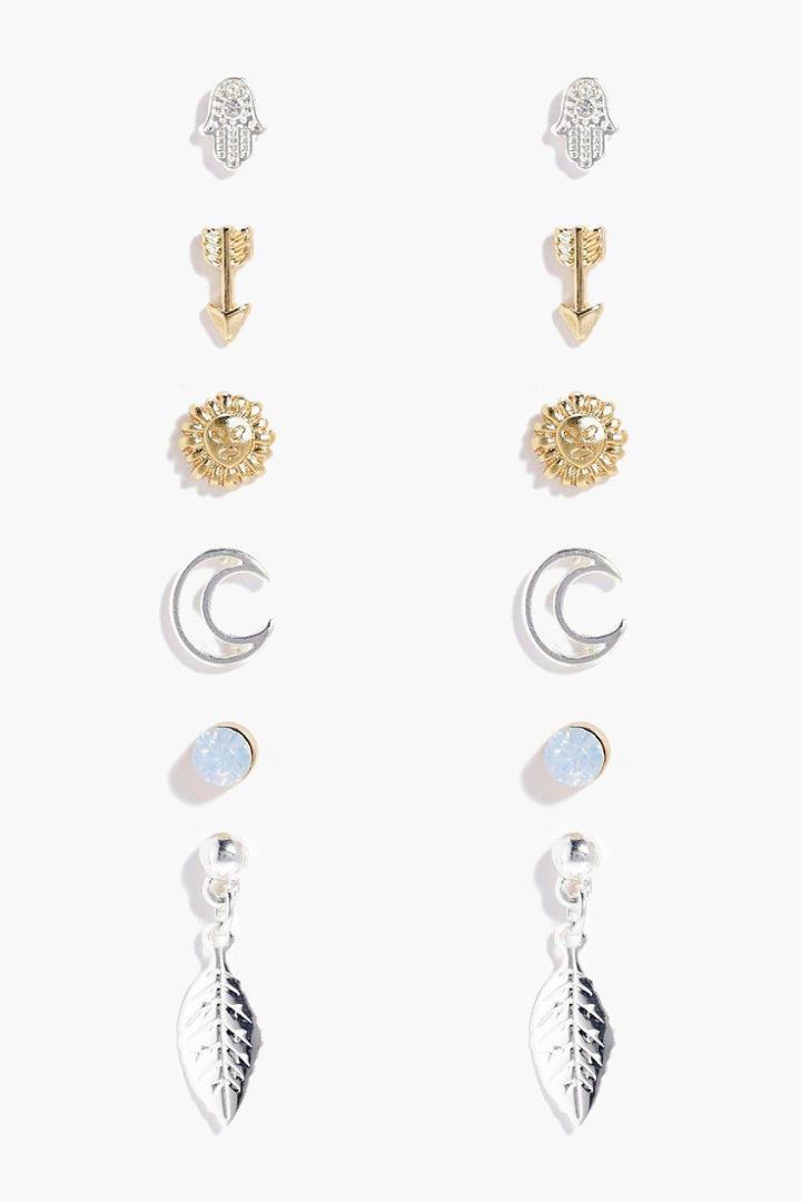 Boohoo Isla Arrow & Moon Mixed Stud Earring Set Multi