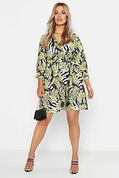 Boohoo Plus Neon Print Ruffle Wrap Dress