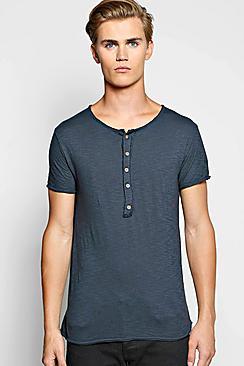 Boohoo Long Sleeve Grandad Neck T Shirt In Slub Knit