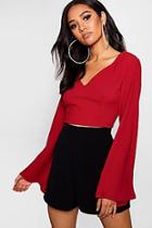 Boohoo Petite V Neck Woven Flare Sleeve Crop