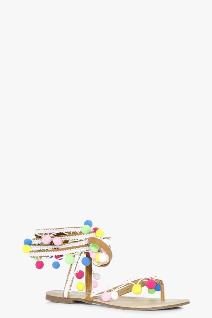 Boohoo Elena Pom Pom Trim Wrap Sandal White