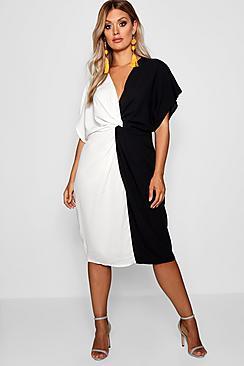 Boohoo Plus Plunge Colour Block Twist Front Midi Dress