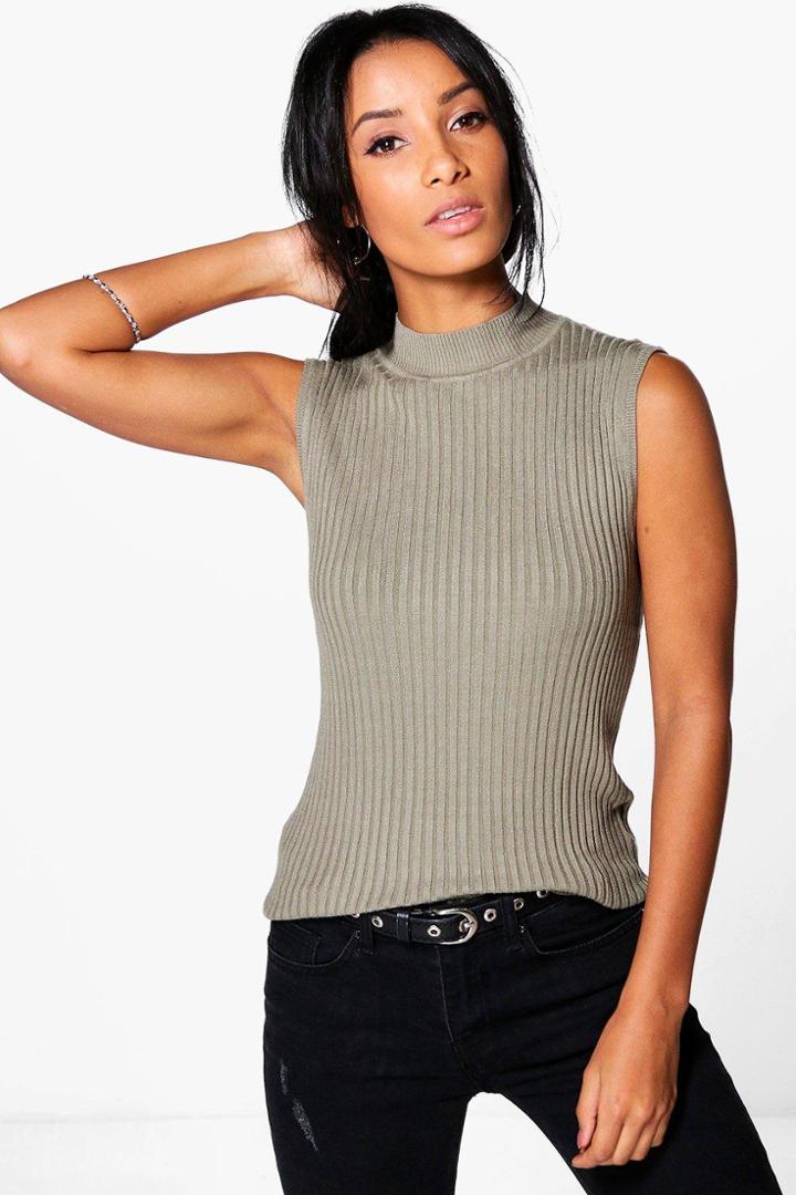 Boohoo Elizabeth Sleeveless Turtle Neck Knit Tank Moss