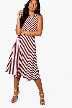 Boohoo Vickie Stripe Frill Skirt Midi Skater Dress