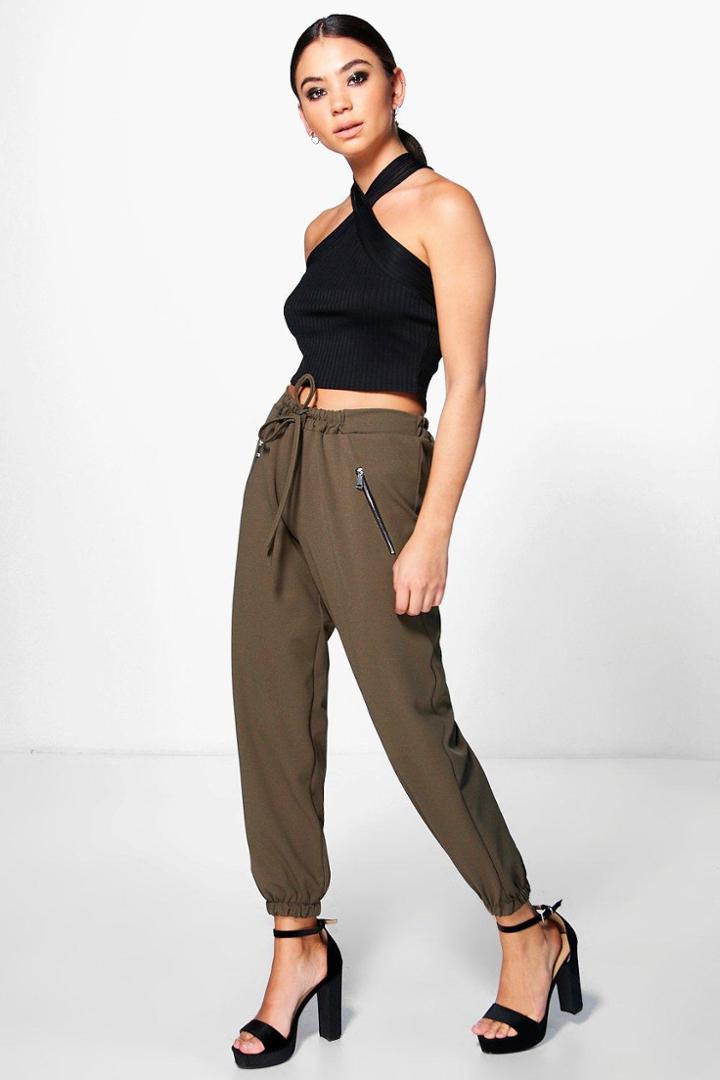 Boohoo Aeirin Zip Detail Woven Luxe Joggers Khaki