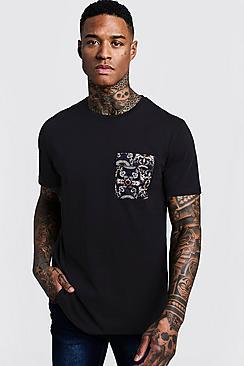 Boohoo Longline Curved Hem Tee With Baroque Print Pocket