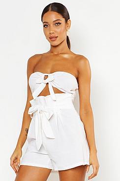 Boohoo Tie Front Linen Look Bandeau Crop Top