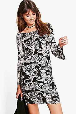 Boohoo Willa Mono Paisley Flared Sleeve Bodycon Dress