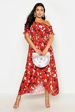 Boohoo Plus Floral Sheered Off Shoulder Maxi Dress