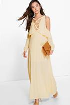 Boohoo Anya Lace Up Detail Open Shoulder Maxi Dress Lemon