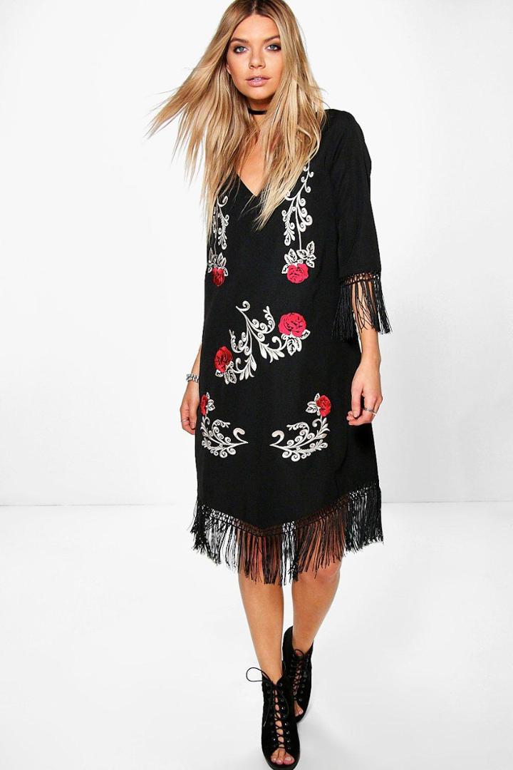 Boohoo Allie Embroidered Tassel Dress Black