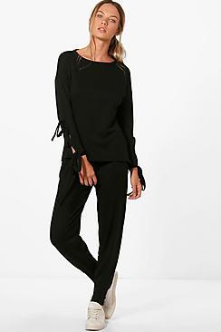 Boohoo Heather Lace Up Jumper Knitted Lounge Set