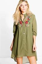 Boohoo Zigournie Embroidered Shirt Dress Khaki
