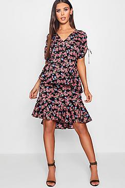 Boohoo Petite Mia Ditsy Printed Ruffle Midi Dress