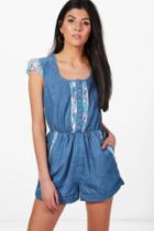 Boohoo Leah Denim Playsuit With Lace Detail Blue