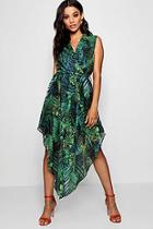 Boohoo Penny Plunge Palm Print Hanky Hem Shirt Dress