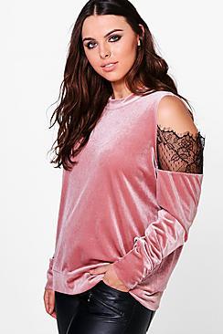 Boohoo Plus Georgie Velvet Cold Shoulder Top