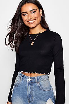 Boohoo Lettuce Hem Contrast Long Sleeve Rib Top