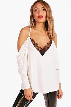 Boohoo Rosie Lace Trim Slinky Cold Shoulder Top