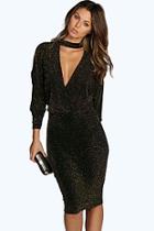 Boohoo Faye Metallic High Neck Plunge Bodycon Dress