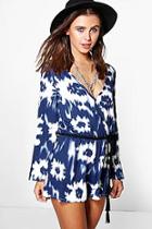 Boohoo Petite Sia Printed Wrap Bell Sleeve Playsuit