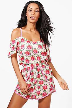 Boohoo Freya Watermelon Cold Shoulder Beach Playsuit