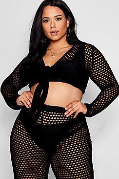 Boohoo Plus Cassie Crochet Tie Front Top